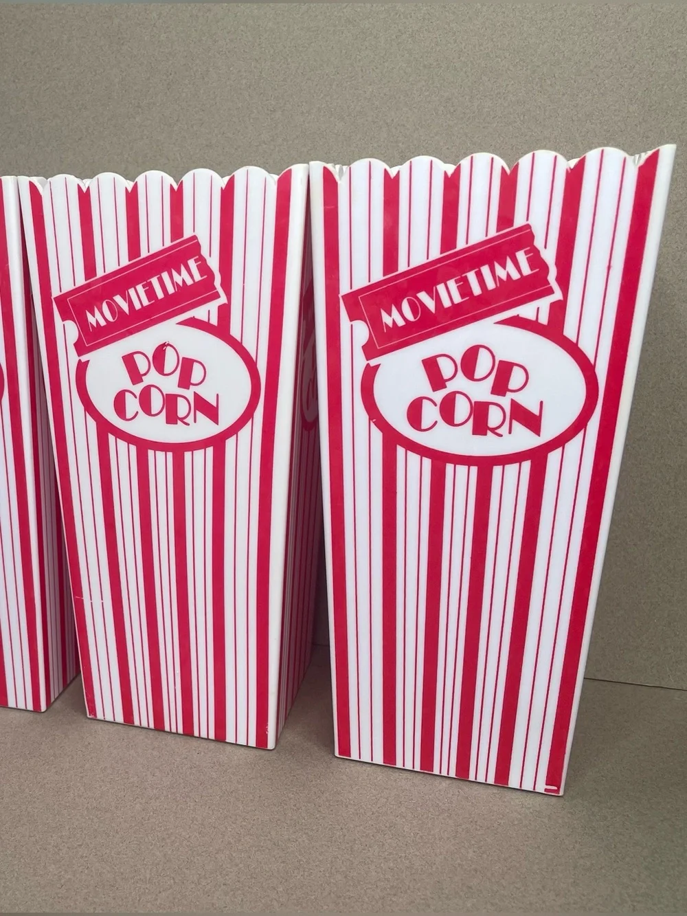 Set of 4 Movie Time Popcorn Buckets Vintage Plastic Tubs Striped Home Theater
